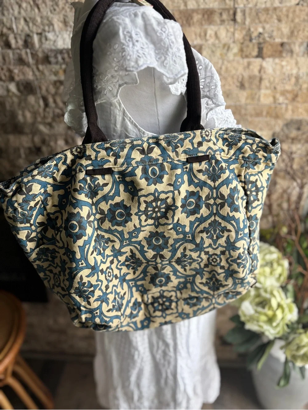 Canvas Floral-Print Tote Bag in Blue and Cream